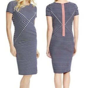 JESSICA SIMPSON MATERNITY Navy Blue White Stripe Coral Zipper Sheath Dress Large